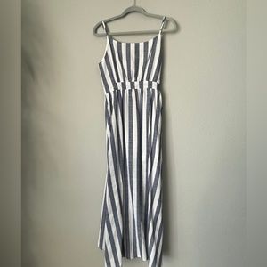 Blue and white striped wrap dress